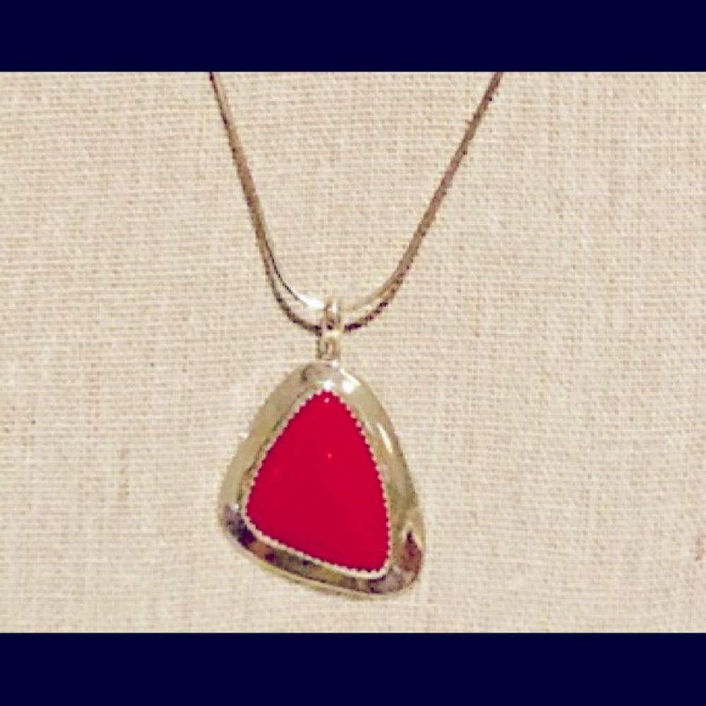Sterling Silver Red Coral Pendant & Necklace- Navajo stamped TT